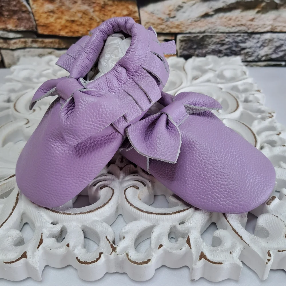 Lilac Bow Leather Moccasins Soft Slip-On Shoes New